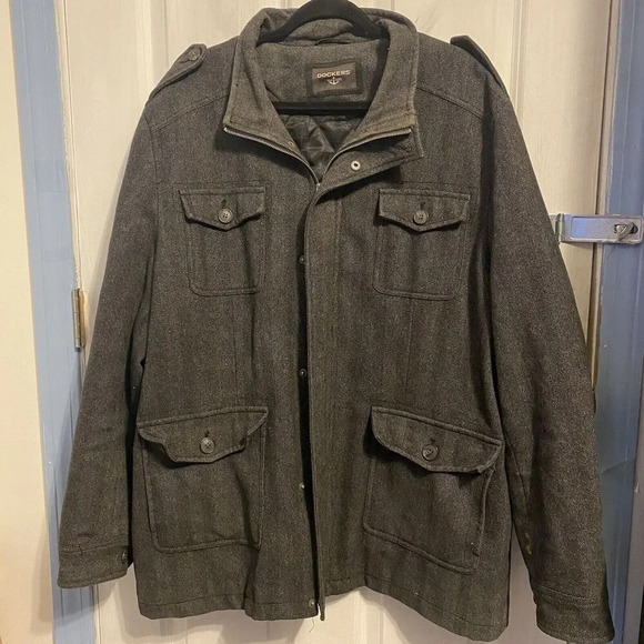 Dockers Chore Utility Jacket Wool Blend Herringbone Gray VTG Mens XXL Zip Snap - Picture 1 of 16